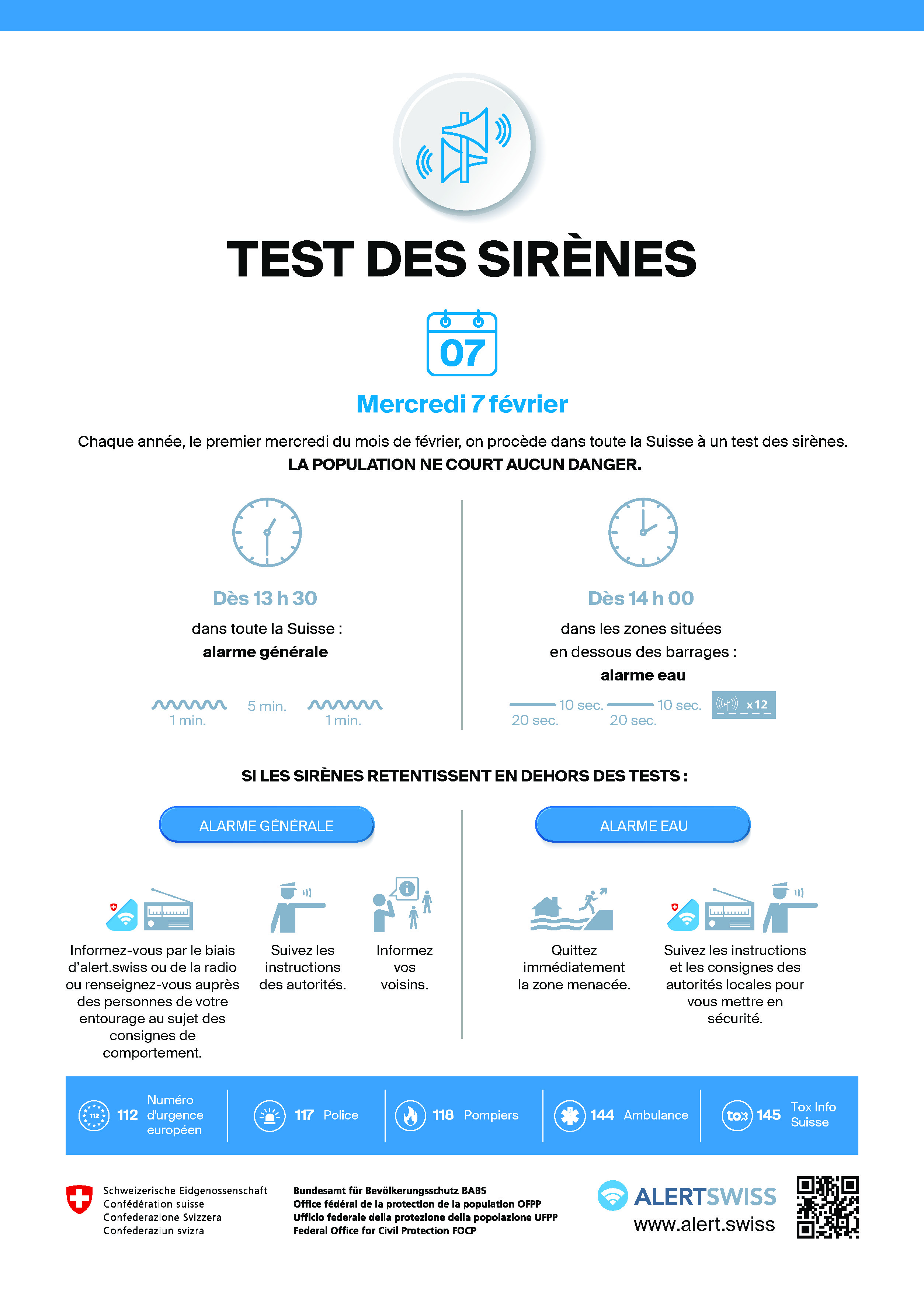 Affiche du test des sirènes d'alarme 2024 (en français) Test des sirènes d'alarme 2024 (français)