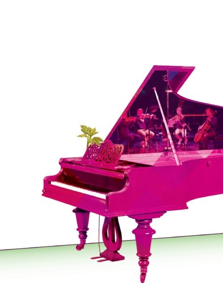 illustration d'un piano à queue rose avec une photo de musiciens sur l'intérieur du couvercle entrouvert