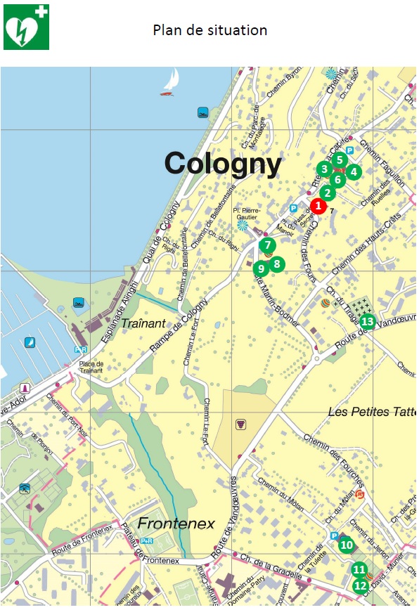 Carte des défibrillateurs appartenants à la commune de Cologny