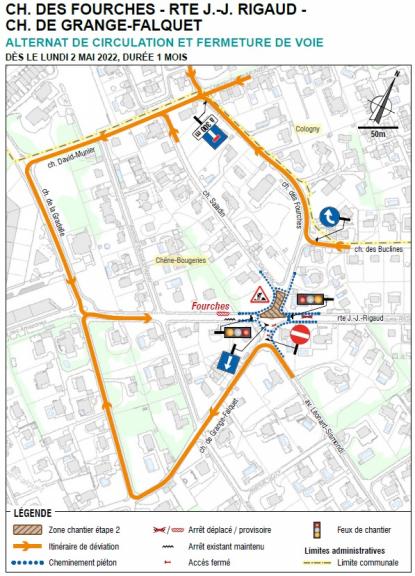 Plan avis de travaux chemin des Fourches, avenue Jean-Jacques Rigaud, chemin de Grange-Falquet dès le lundi 2 mai 2022 pour un mois