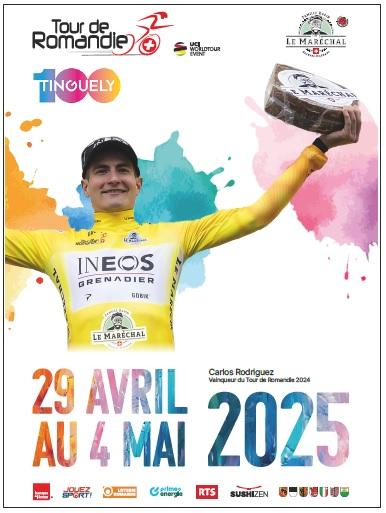 Affiche du Tour de romandie avec un cycliste en maillot jaune les bras levés