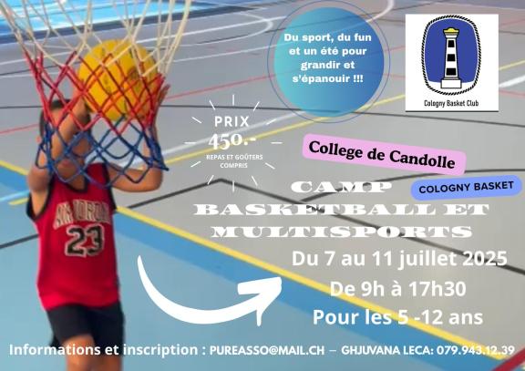Affichette camp d'été du Cologny basket (panier et ballon de basket avec texte en surimpression)