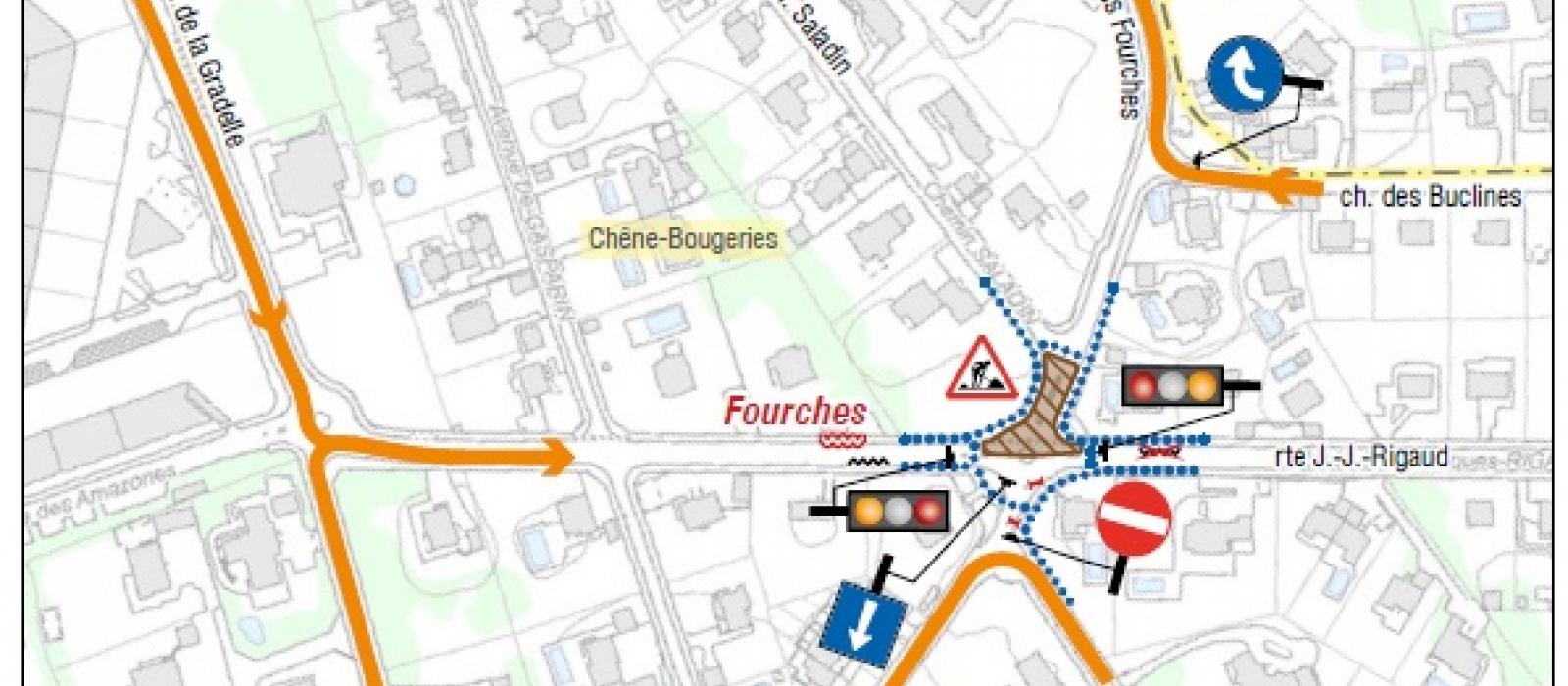 Fourches / J.-J. Rigaud / Grange-Falquet - travaux dès le 2 mai 2022 Plan avis de travaux chemin des Fourches, avenue Jean-Jacques Rigaud, chemin de Grange-Falquet dès le lundi 2 mai 2022 pour un mois