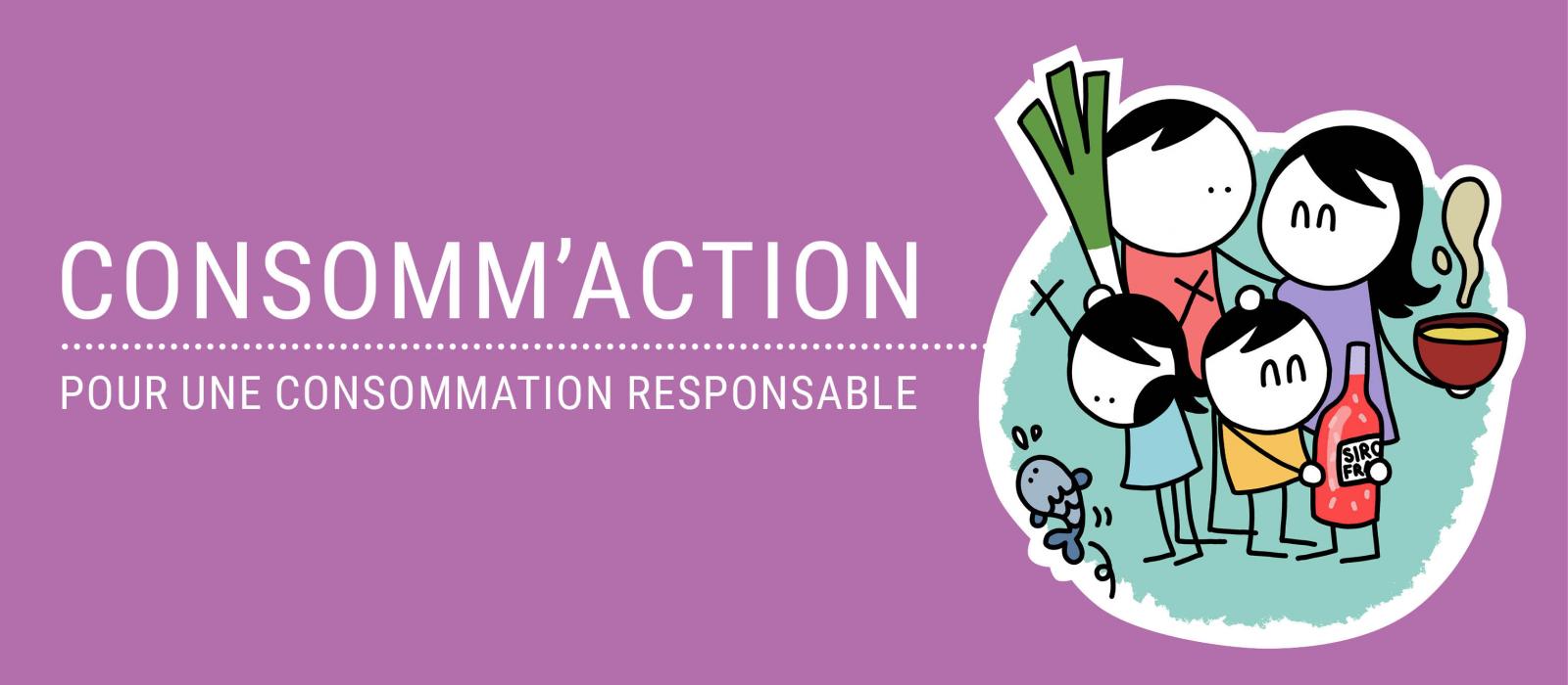 logo de la campagne d'information "Consom'action - pour une consommation responsable" (4 personnages dessinés tenant des plats ou boissons)